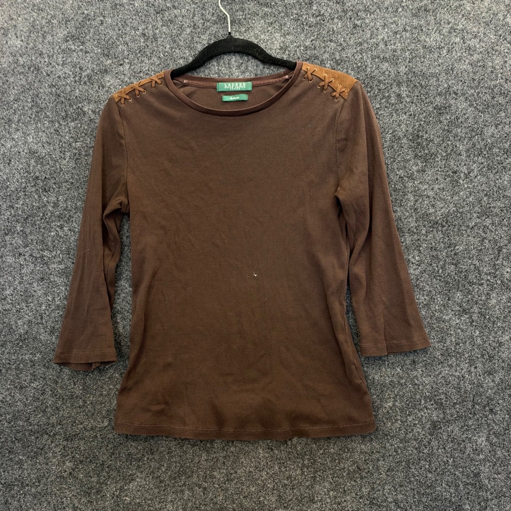 Lauren Ralph Lauren Petite Brown Ribbed Top Suede Lace Up Shoulder Equestrian
